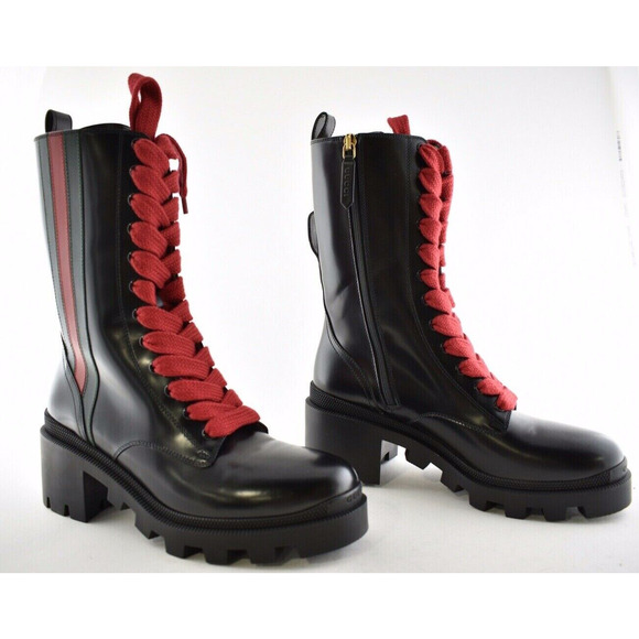 Gucci Trip Black Leather Red Green Web Stripe Mid Calf Block Heel Combat Boot 35 - Picture 4 of 12